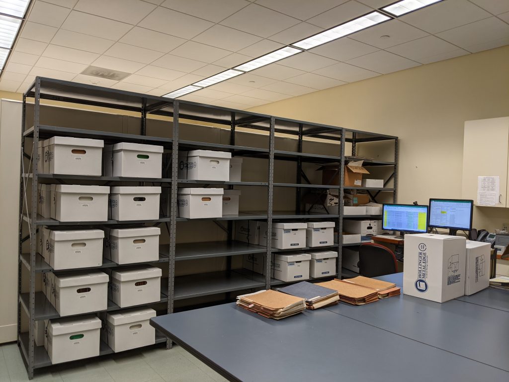 archival boxes on shelves